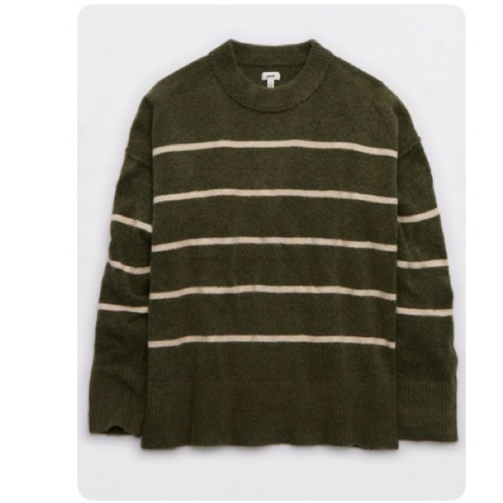 Aerie Women's Olive and Cream Striped Crewneck Sweater